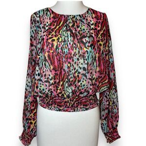 Mark New York Andrew Women's Cheetah Print Multicolor Blouse Size XS Long Sleeve